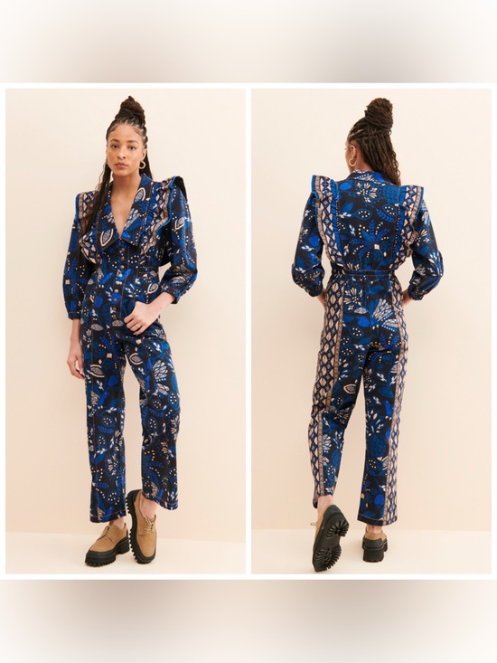FARM Rio Pants - Farm Rio Macaw Forest Coveralls Bird Print Blue Black‎ Small
